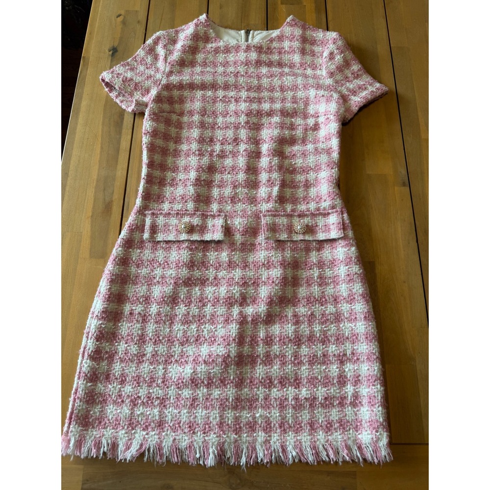Bebop Pink White Plaid Tweed Mini Dress Pearl Button Fringe Hem XS NEW